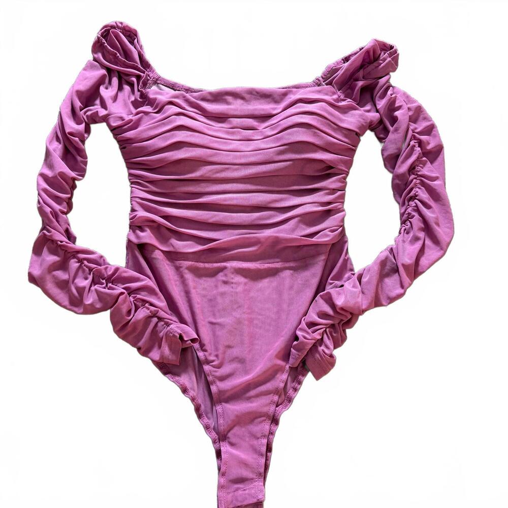 PRINCESS POLLY Delany Bodysuit PINK mesh ruched sleeves/bodice SZ 10 Romantic
